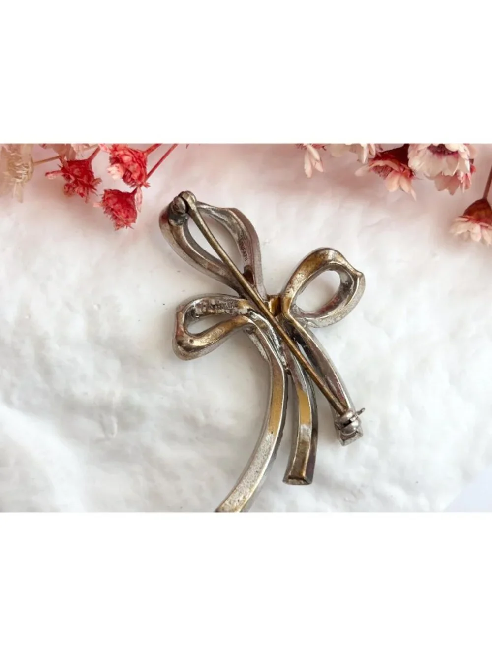 Ribboned Bow Rhinestone Accented Sterling Silver 925 Vintage Brooch | Lapel Pin